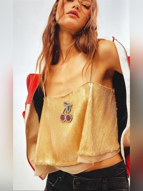 Free People Tops - Free People Gold Sequin Cherry Applique Cami